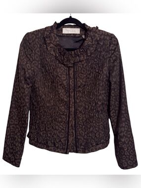 Tahari Size 4 Brown Animal Leopard Print Jacket Ruffle Smock Casual Long Sleeve